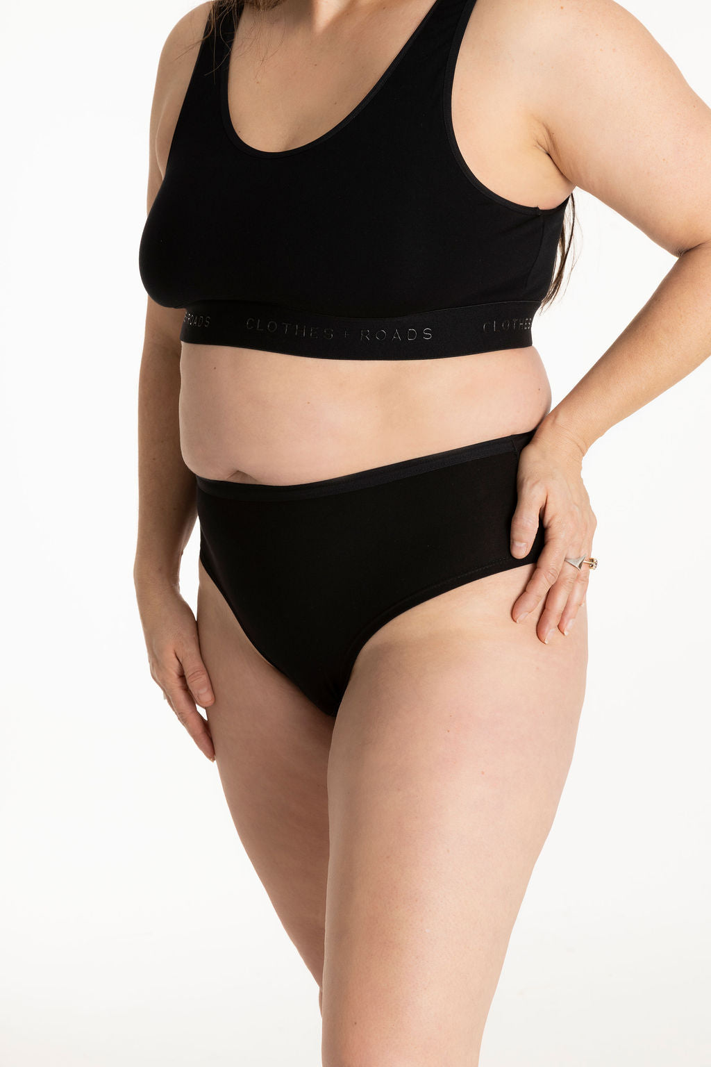 Black bralette and black high-waisted high-cut brief
