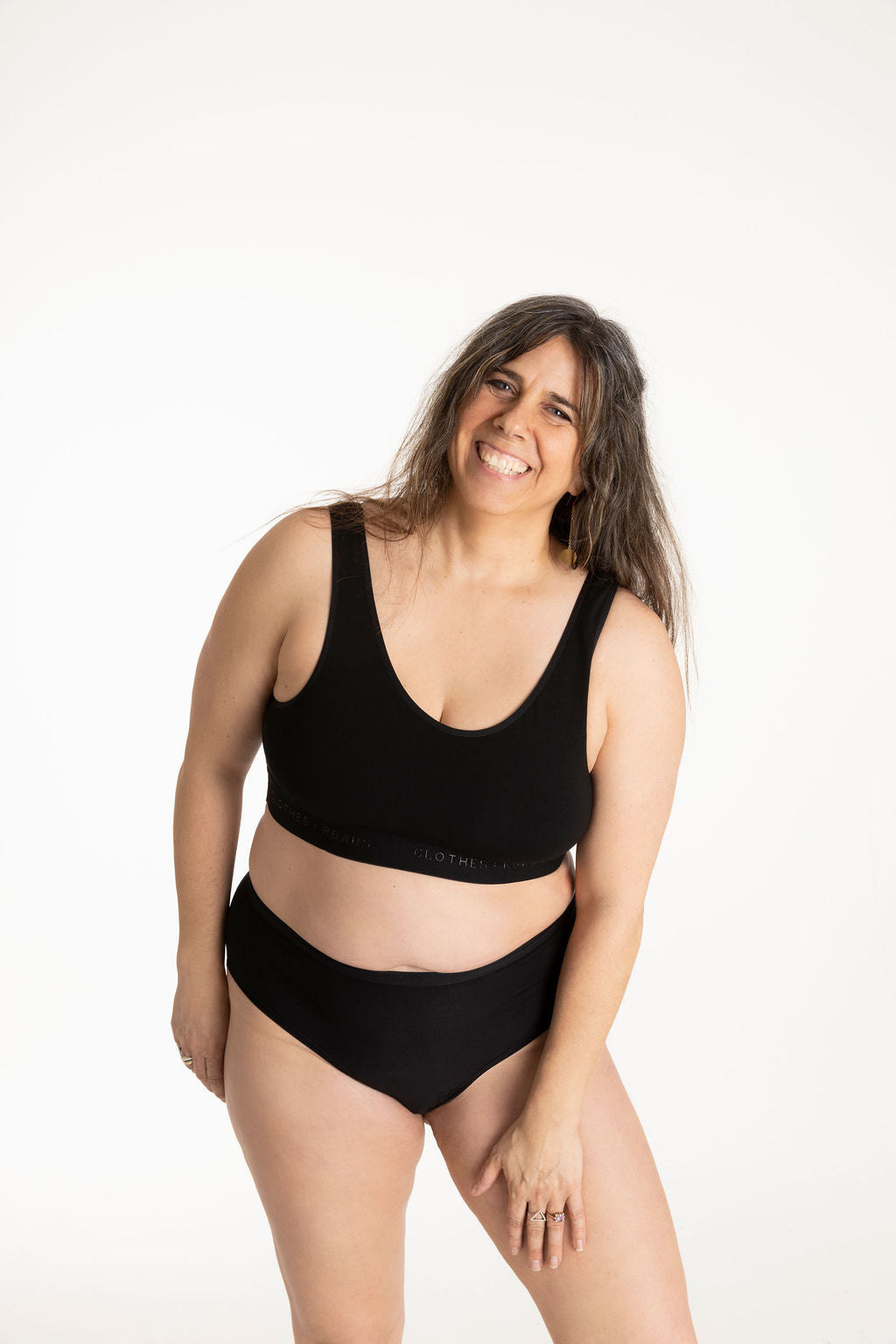 Black bralette and black high-waisted high-cut brief