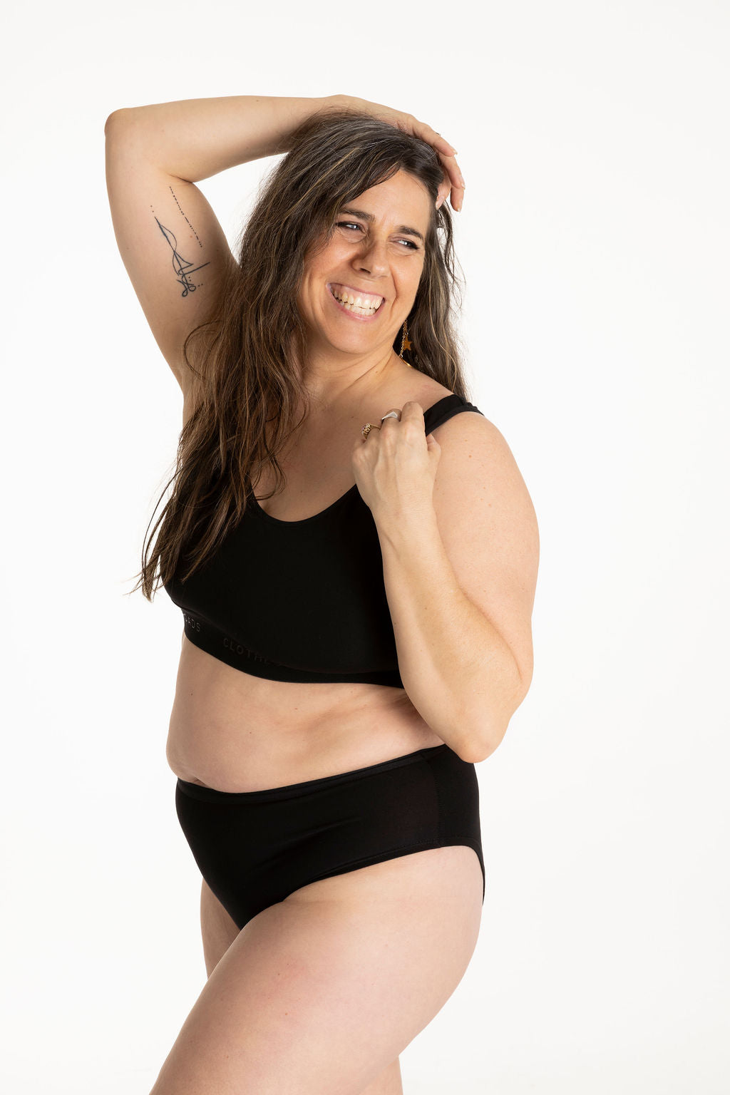 Black bralette and black high-waisted high-cut brief
