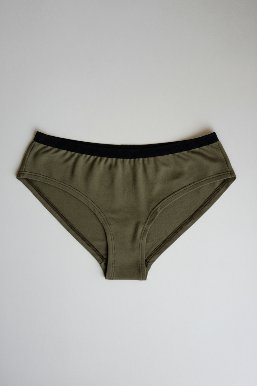 Olive green underwear with black waistband on a light gray background