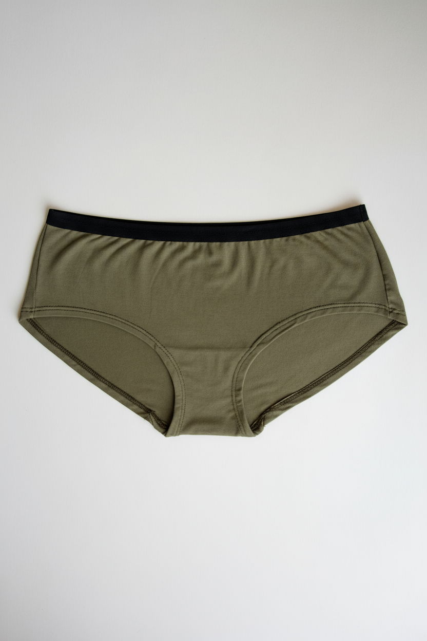 Olive green underwear with black waistband on a white background
