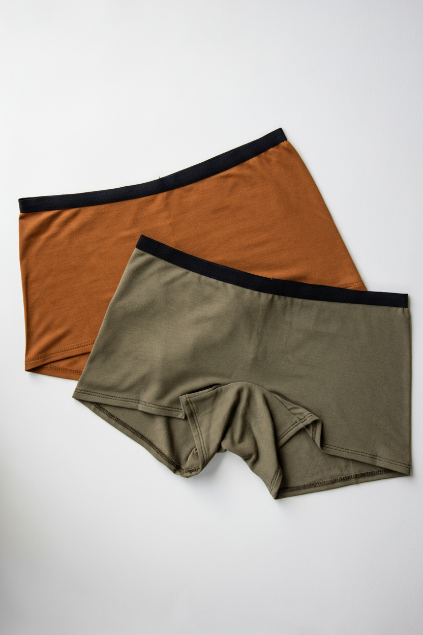 Two pairs of women’s boxer underwear, one in orange and one in green, flatlay on a white background