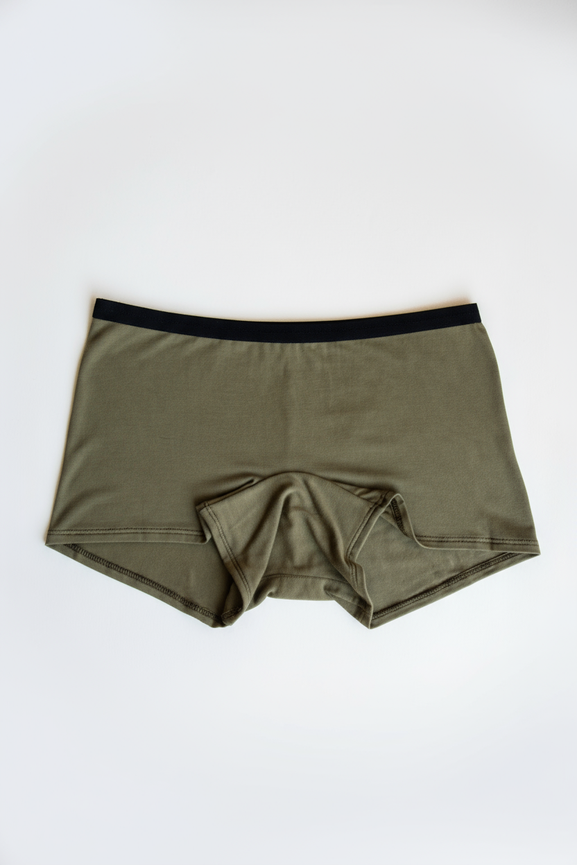 Olive green women’s boxer underwear with a black waistband, flatlay on white background.