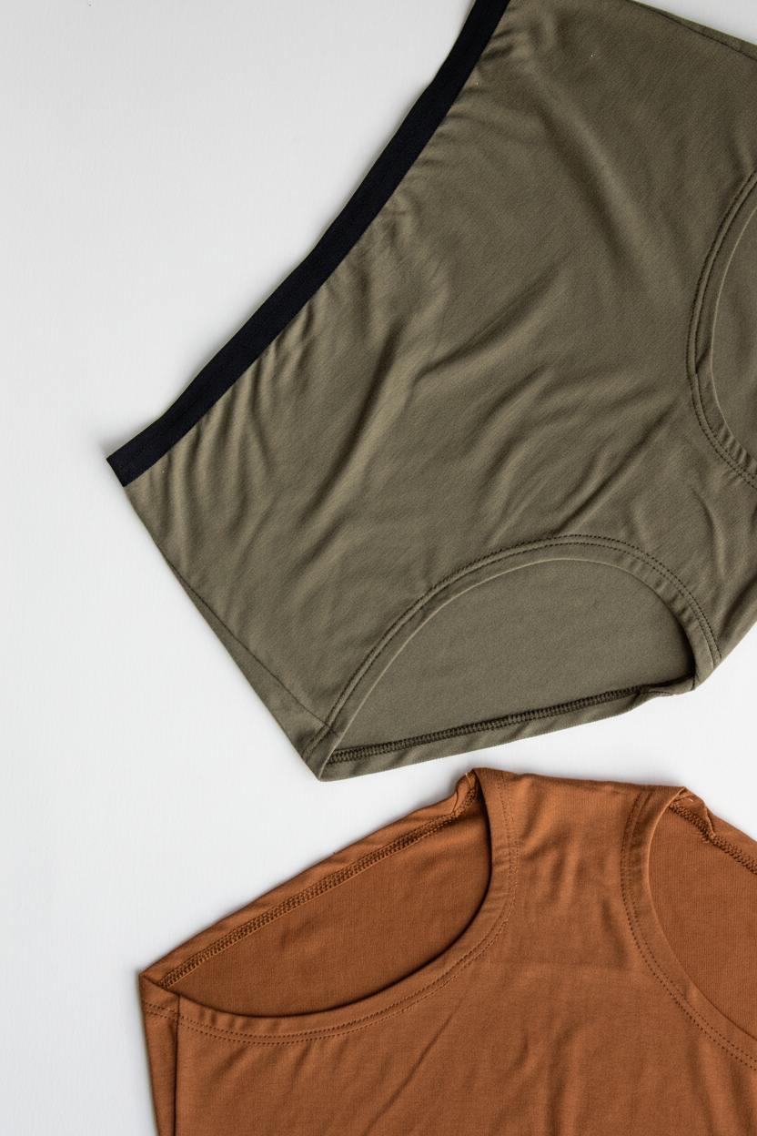 Two women's underwear, one green and one orange, on a white background.