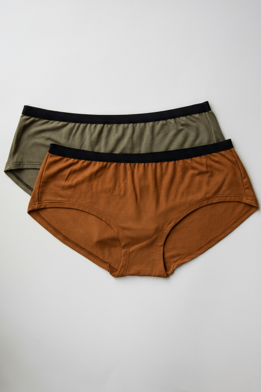 Two pairs of women's underwear, one orange and one green, with black waistbands, on a light gray background.
