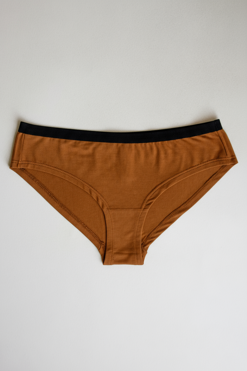 Orange underwear with black waistband on a light gray background