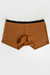 Orange women’s boxer underwear with a black waistband, flatlay on white background.