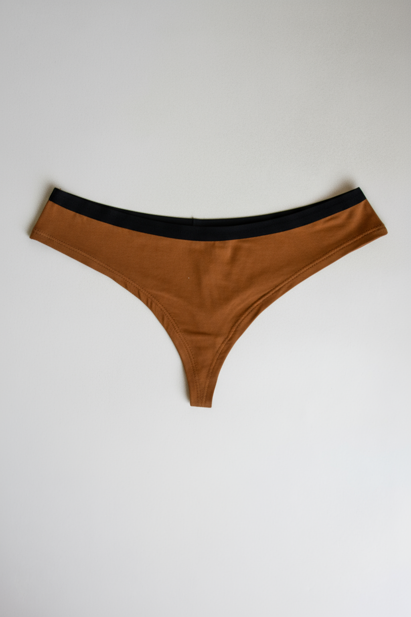 Two pairs of women's underwear, one orange and one olive green, on a light gray background.