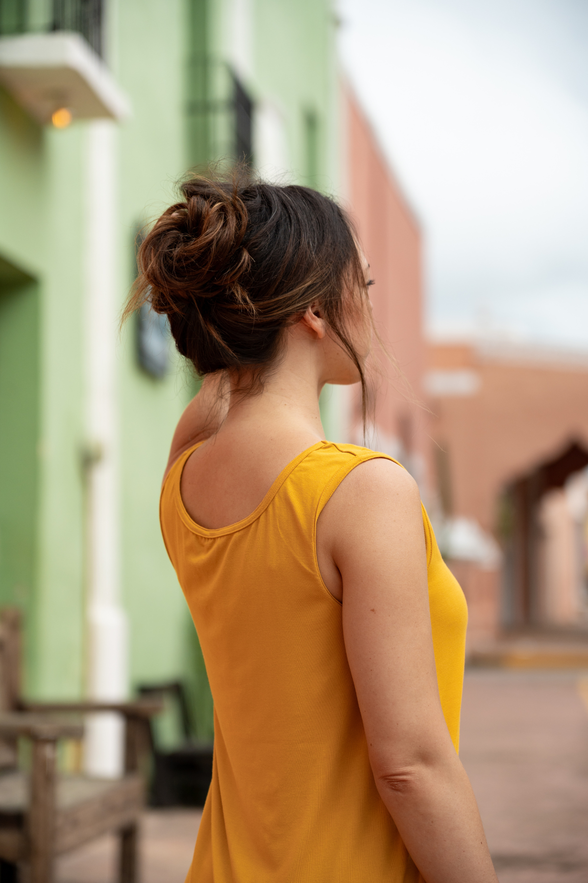 Back view of the sunflower yellow reversible bamboo camisole.