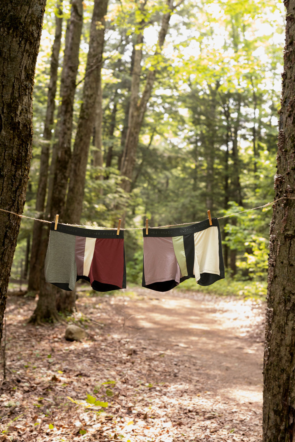 Two pairs of men's underwear hanging on a clothesline in a forest setting
