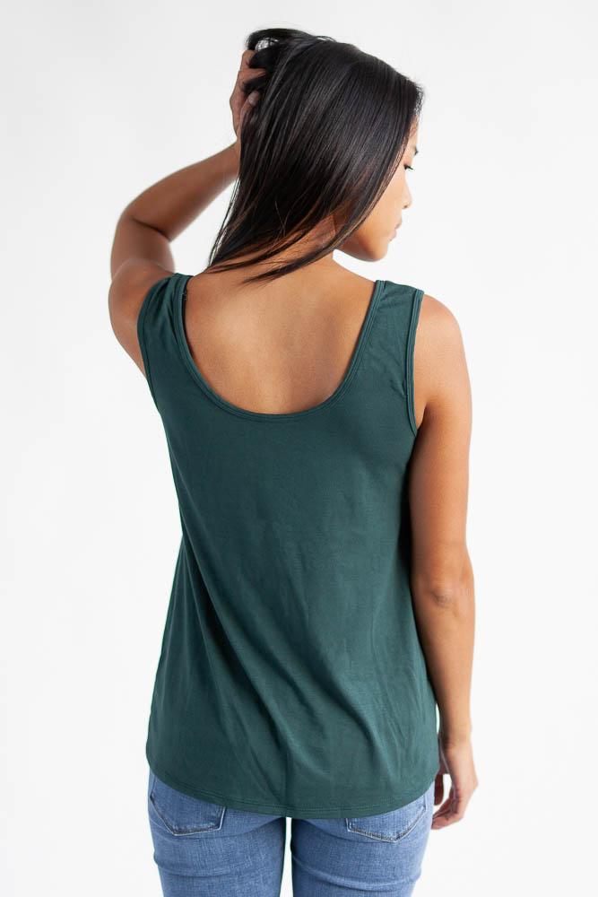 Back view of the tropical green reversible bamboo camisole, scoopneck.